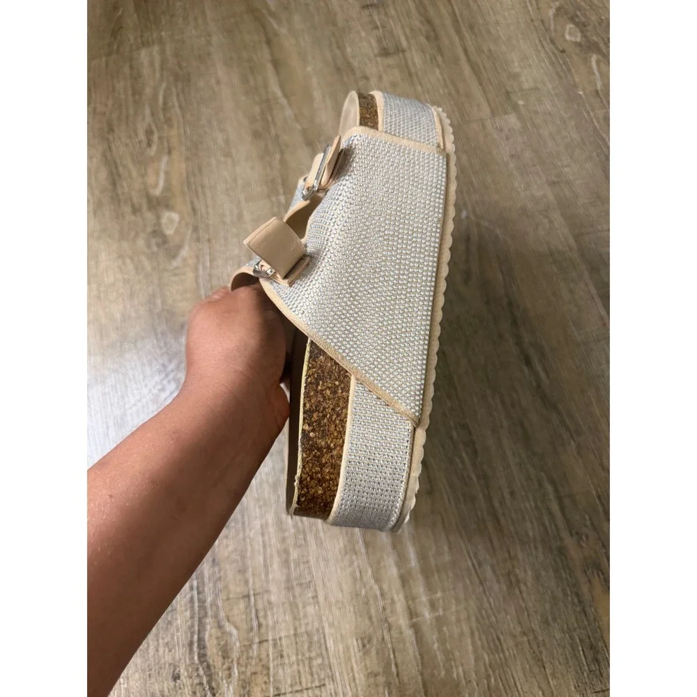 Forever 21 Rhinestone Platform Slide Sandals Tan Beige‎ Double Buckle Size 8